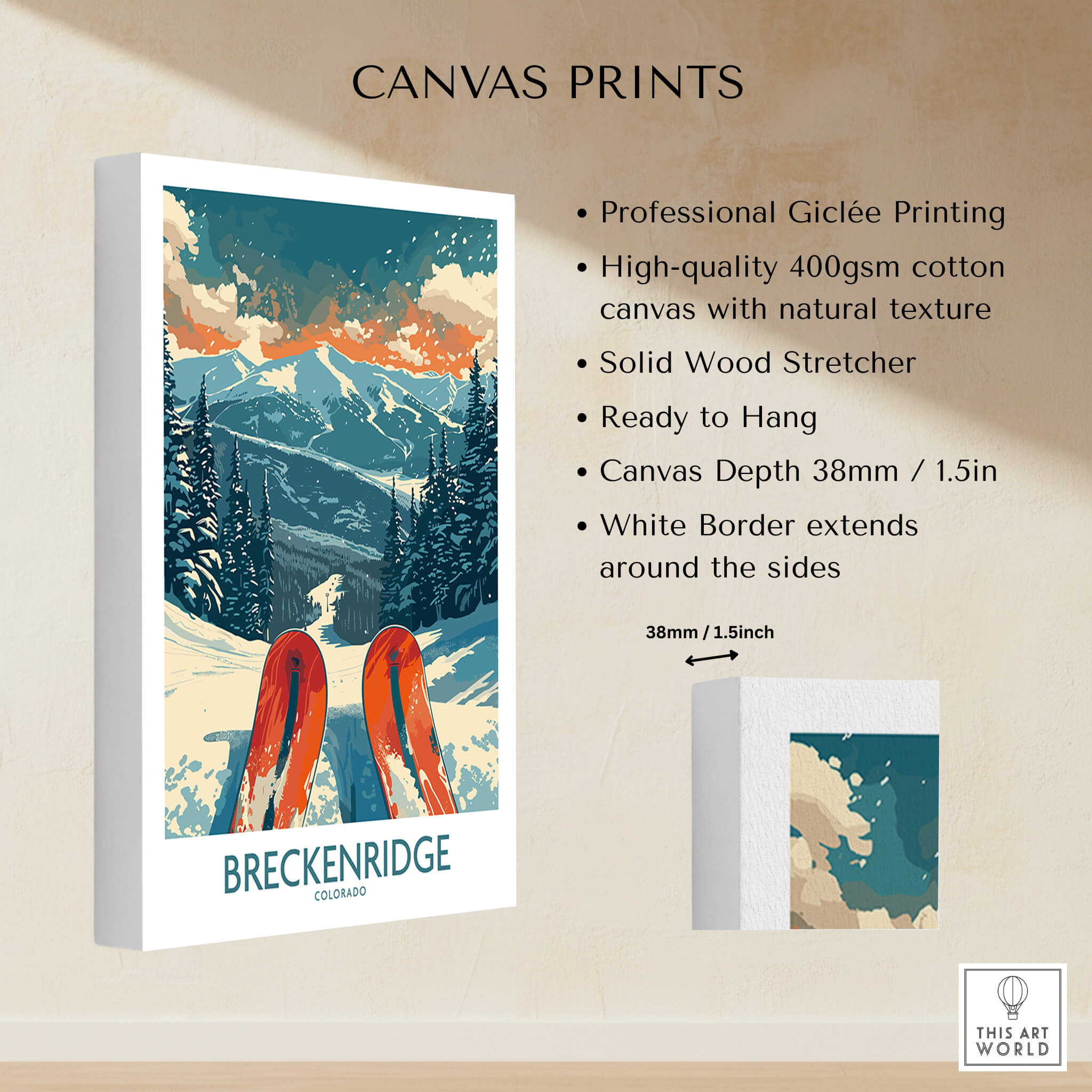 Breckenridge Poster Colorado showcasing snowy mountains and skis on high-quality canvas print.