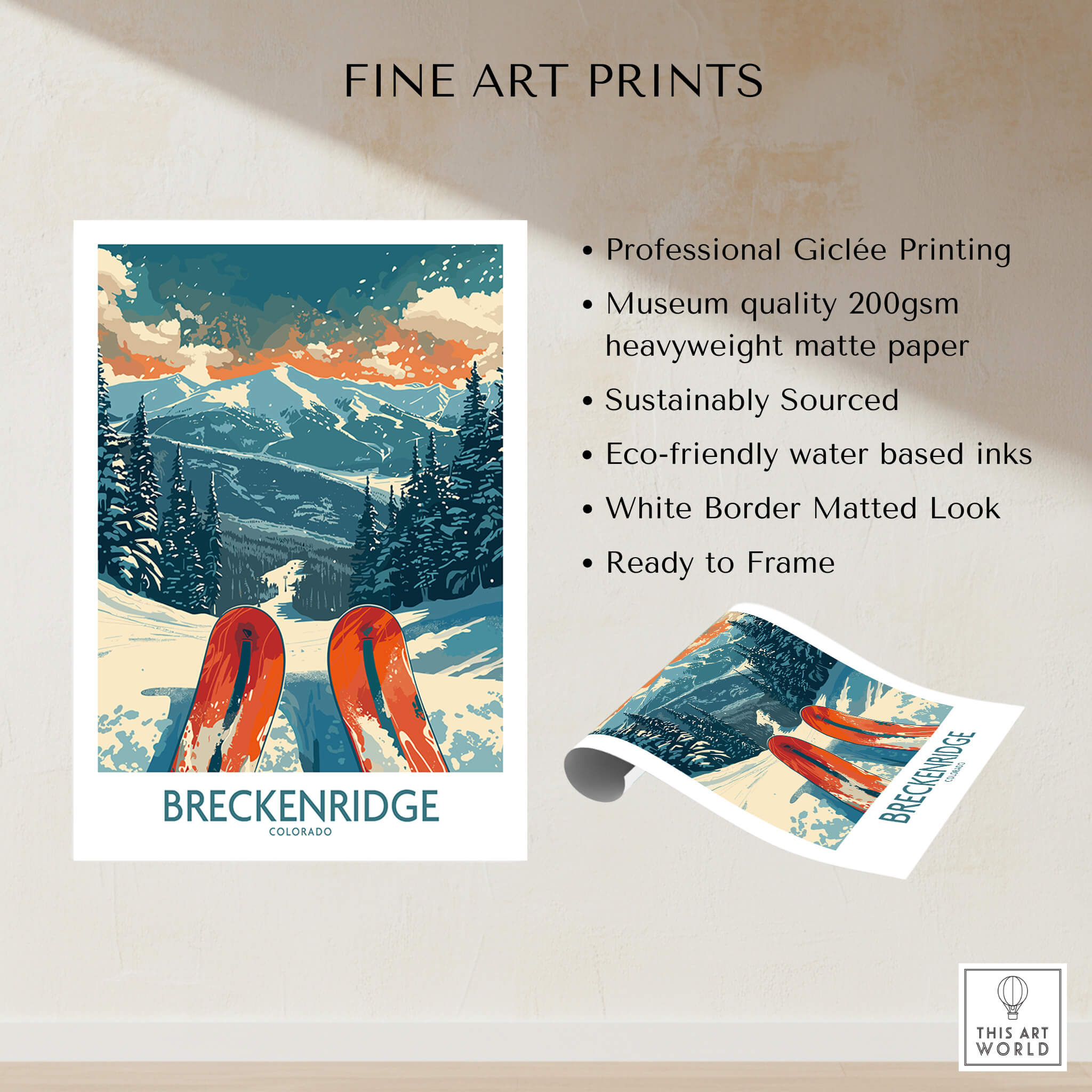 Breckenridge Poster Colorado showcasing skiing in a beautiful mountain landscape, perfect for home decor.