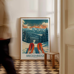 Breckenridge Poster Colorado featuring ski gear and a picturesque snowy landscape in a stylish interior setting.