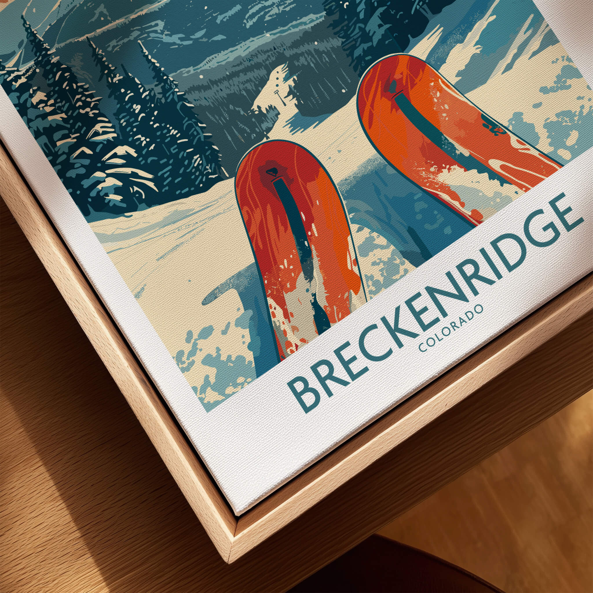 Breckenridge Poster Colorado featuring vibrant skis on snowy slopes, perfect for ski enthusiasts and home decor.