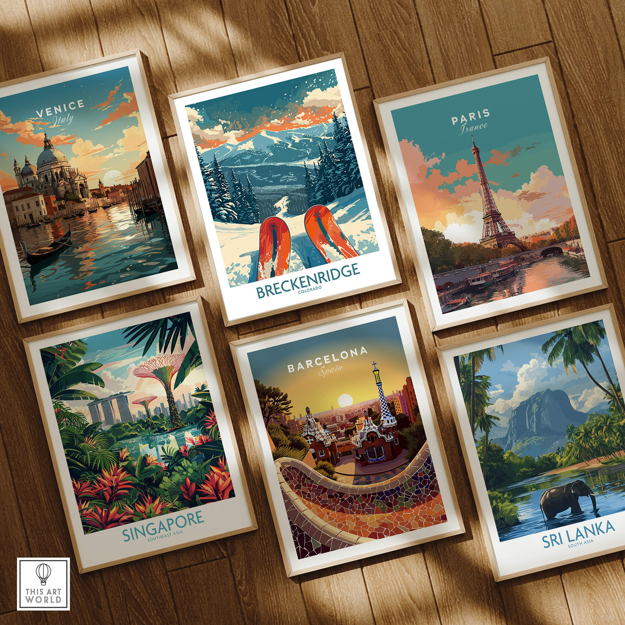 Breckenridge Poster Colorado among travel posters of Venice, Paris, Singapore, Barcelona, and Sri Lanka.