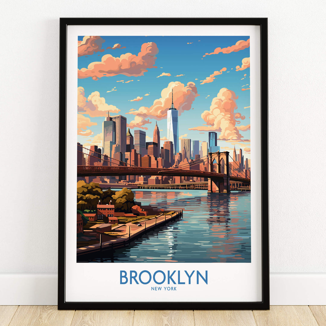 Brooklyn Poster featuring a vibrant skyline of Brooklyn, New York with dynamic colors and urban charm.