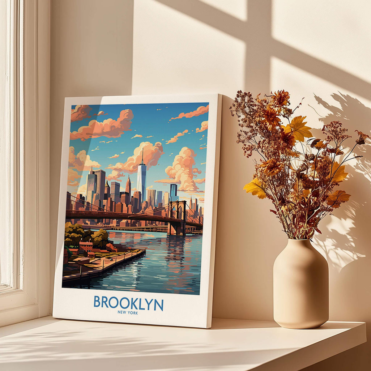 Brooklyn Poster featuring a vibrant skyline and urban charm of Brooklyn, New York.