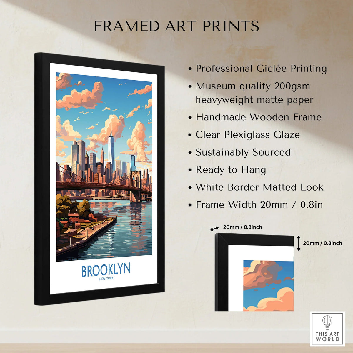 Brooklyn Poster featuring a vibrant city skyline, framed art print with professional Giclée printing.