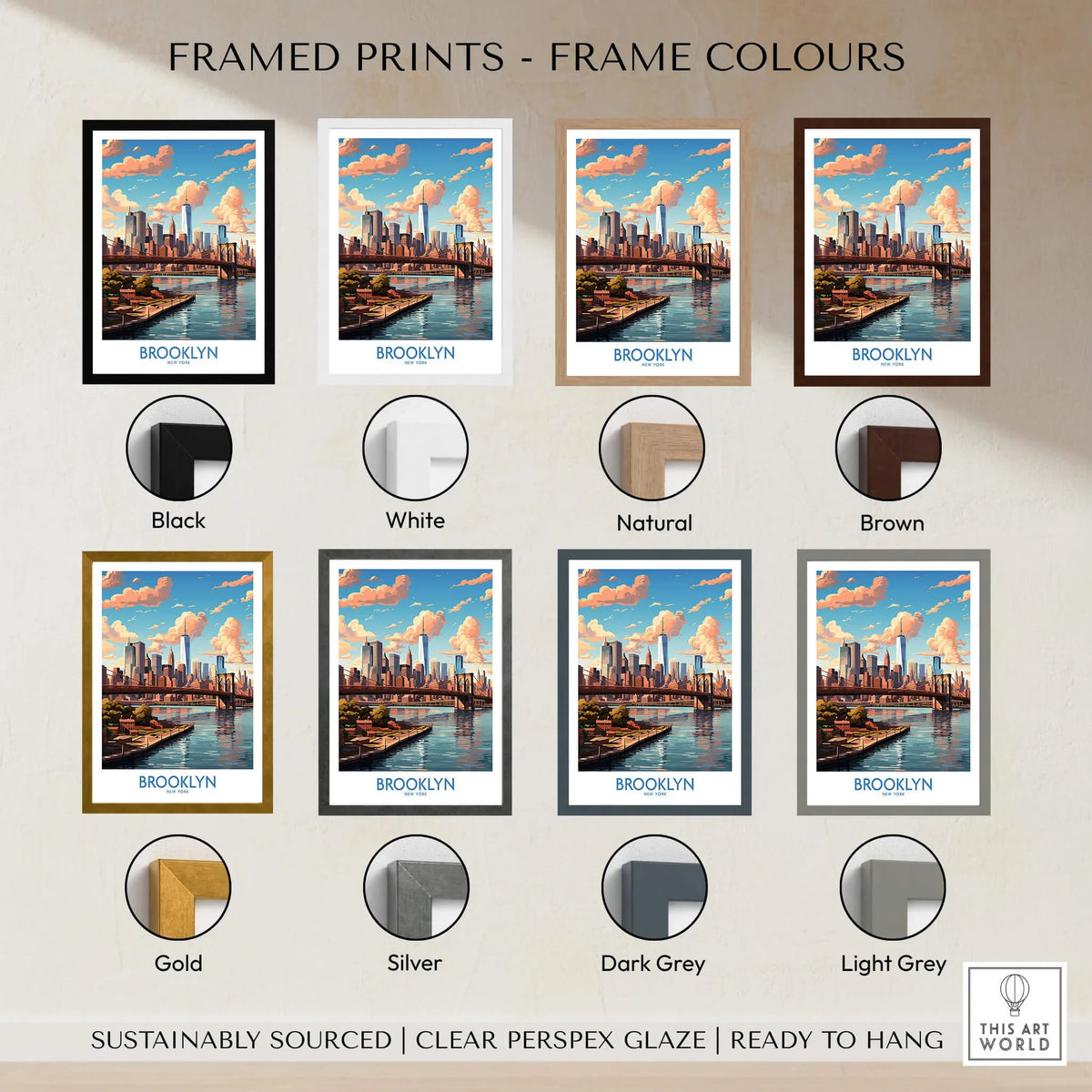 Brooklyn Poster framed print color options including black, white, natural, brown, gold, silver, dark grey, and light grey.