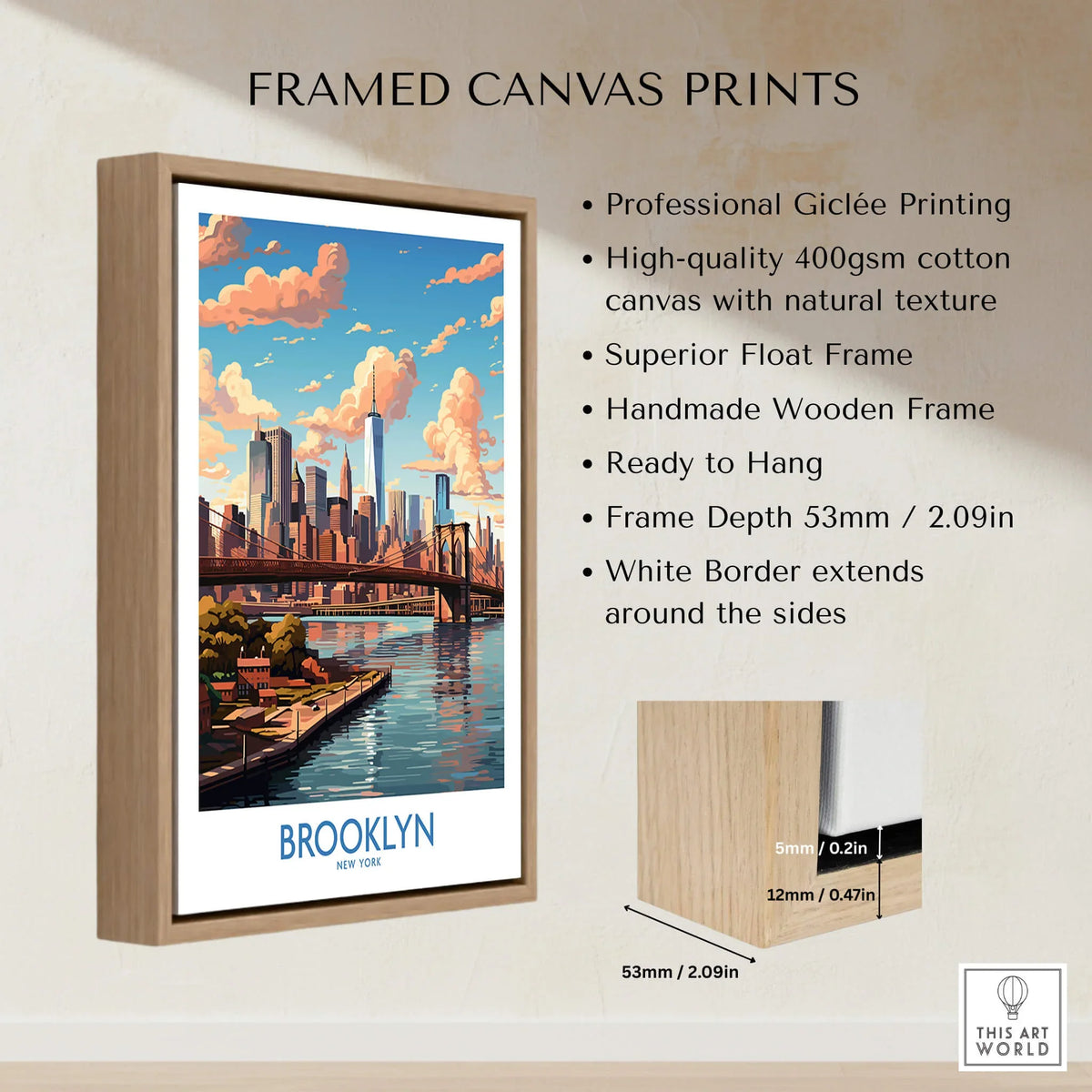 Framed Brooklyn Poster showcasing vibrant cityscape, professionally printed on canvas with natural texture.