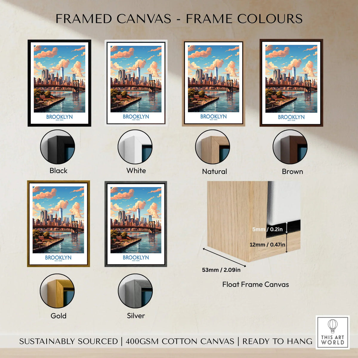 Brooklyn Poster display with various frame colour options including black, white, natural, brown, gold, and silver.