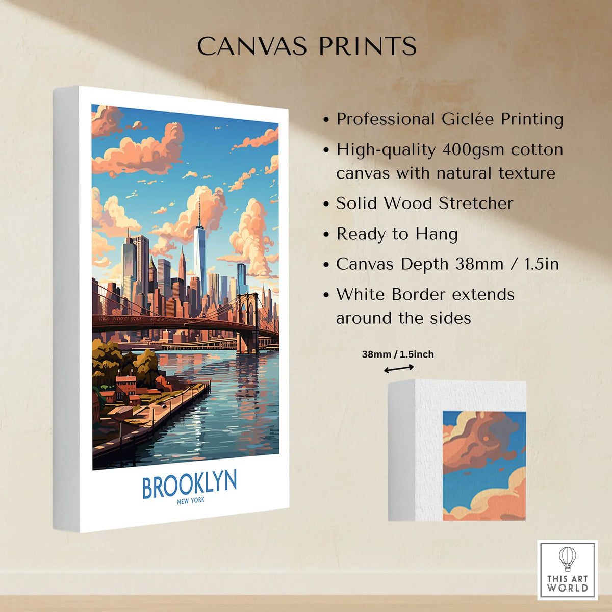 Canvas print featuring Brooklyn Poster with skyline, vibrant colors, and details on print quality.
