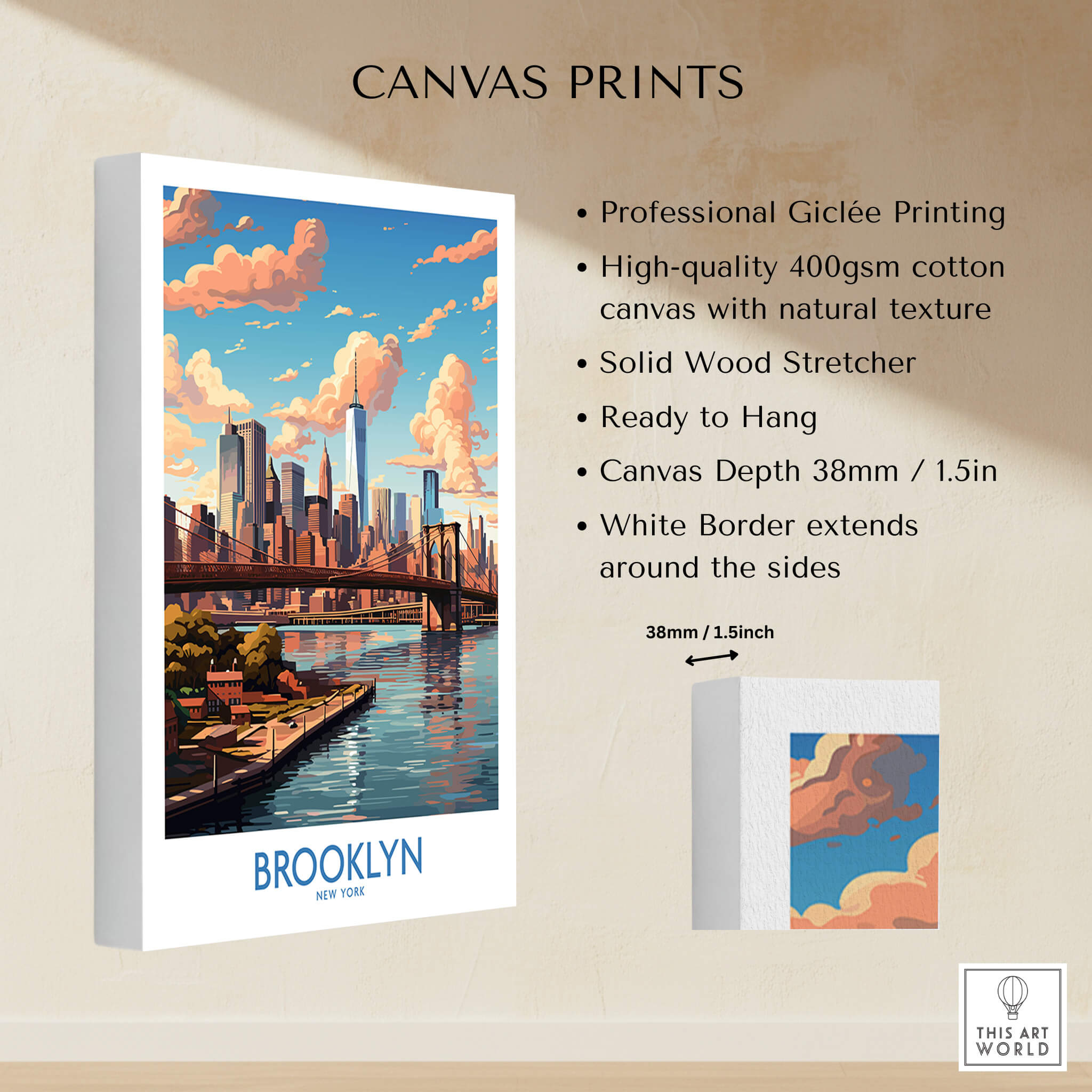 Canvas print featuring Brooklyn Poster with skyline, vibrant colors, and details on print quality.