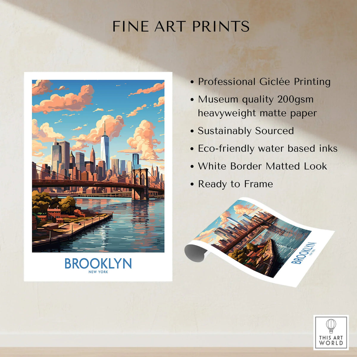 Brooklyn Poster featuring vibrant skyline and bridge, perfect for urban décor and artistic inspiration.