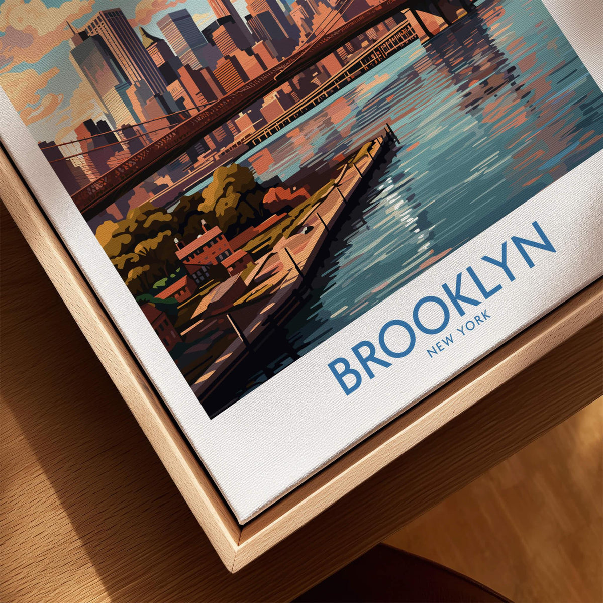 Brooklyn Poster featuring a vibrant illustration of Brooklyn waterfront and skyline, perfect for urban décor.