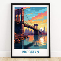 Brooklyn Wall Art Poster featuring the Brooklyn Bridge at sunset with vibrant colors and urban scenery.