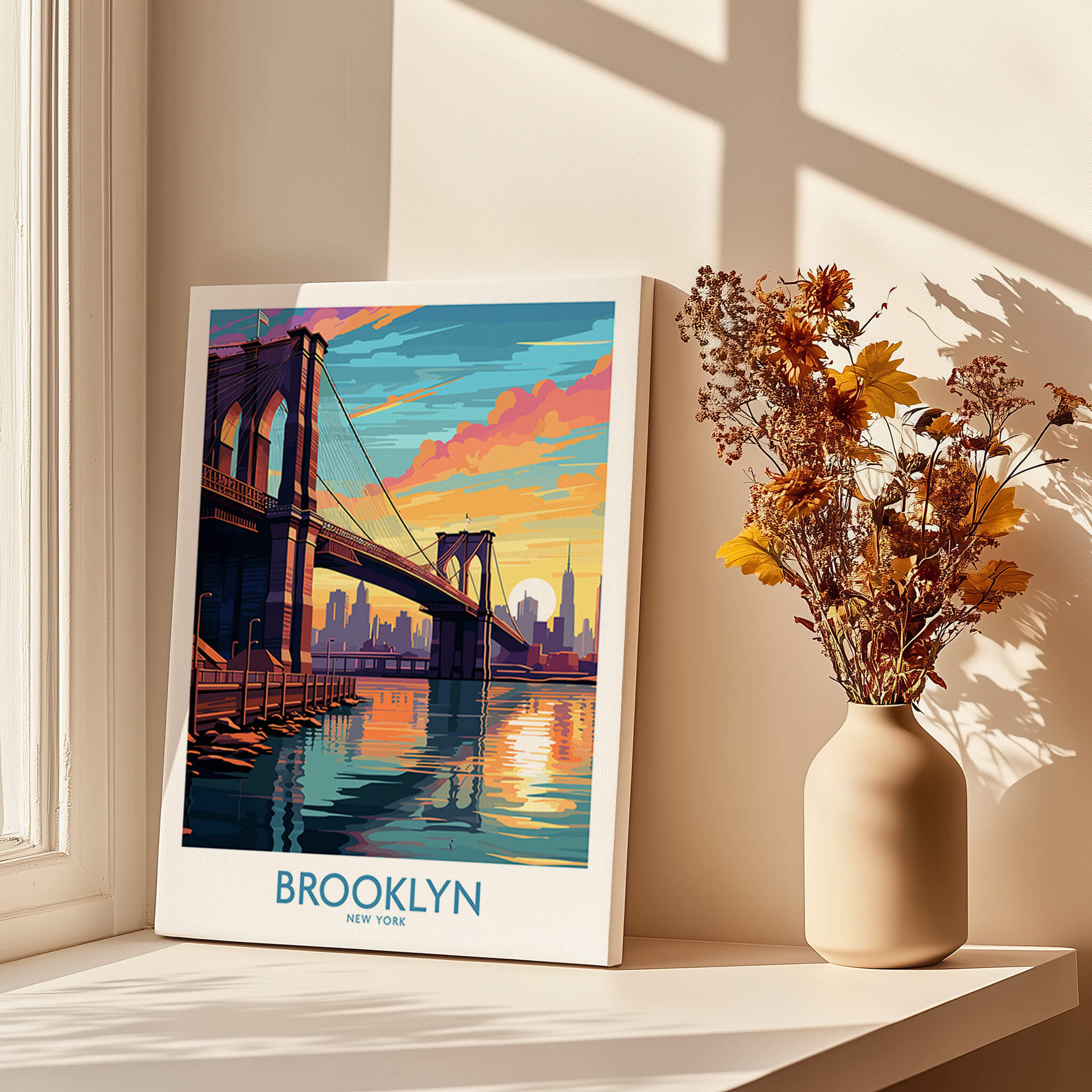 Brooklyn Wall Art Poster featuring the Brooklyn Bridge at sunset, showcasing vibrant colors and urban elegance.