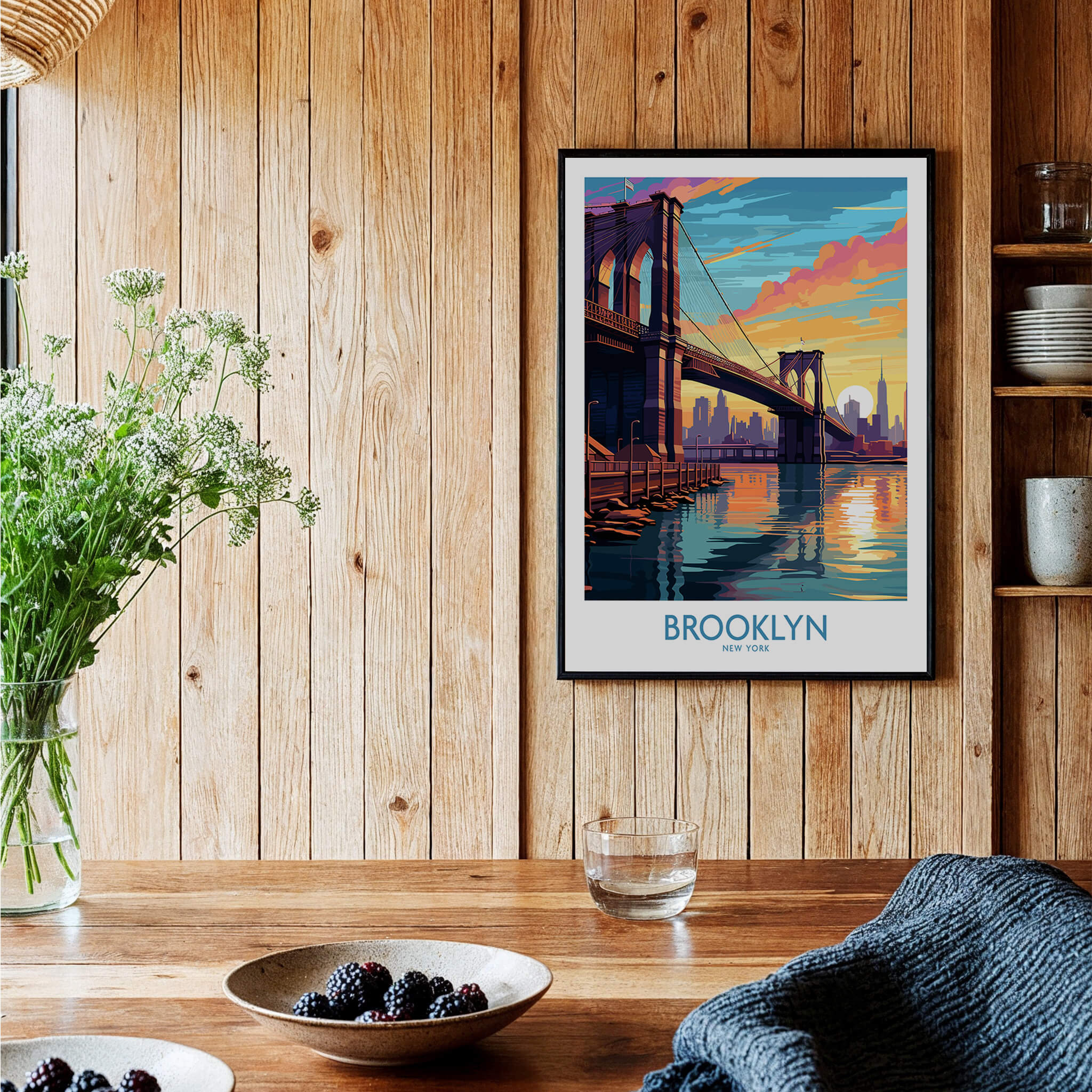 Brooklyn Wall Art Poster featuring the Brooklyn Bridge at sunset, adding urban elegance to any decor.