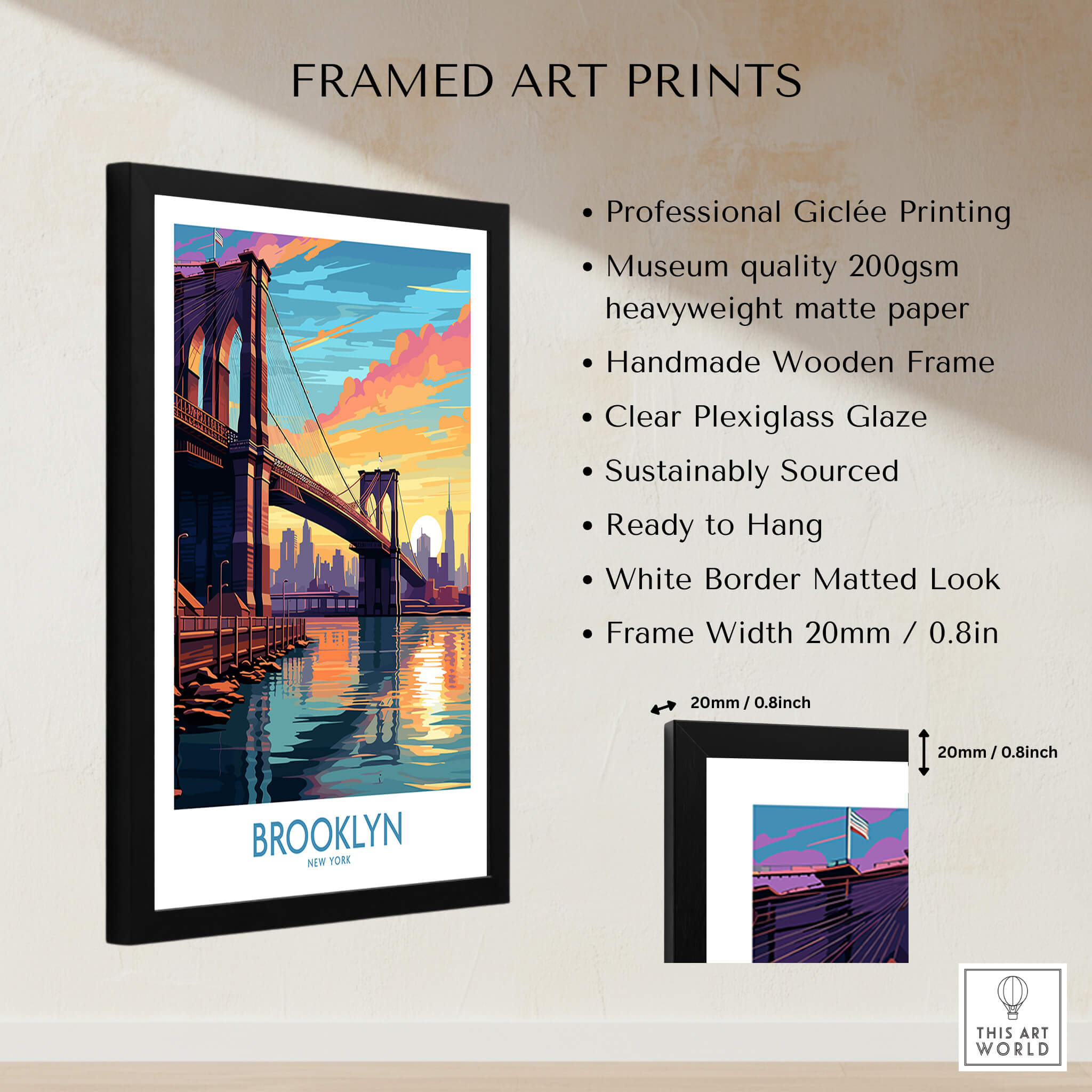 Brooklyn Wall Art Poster featuring the iconic Brooklyn Bridge at sunset in a stylish framed design.