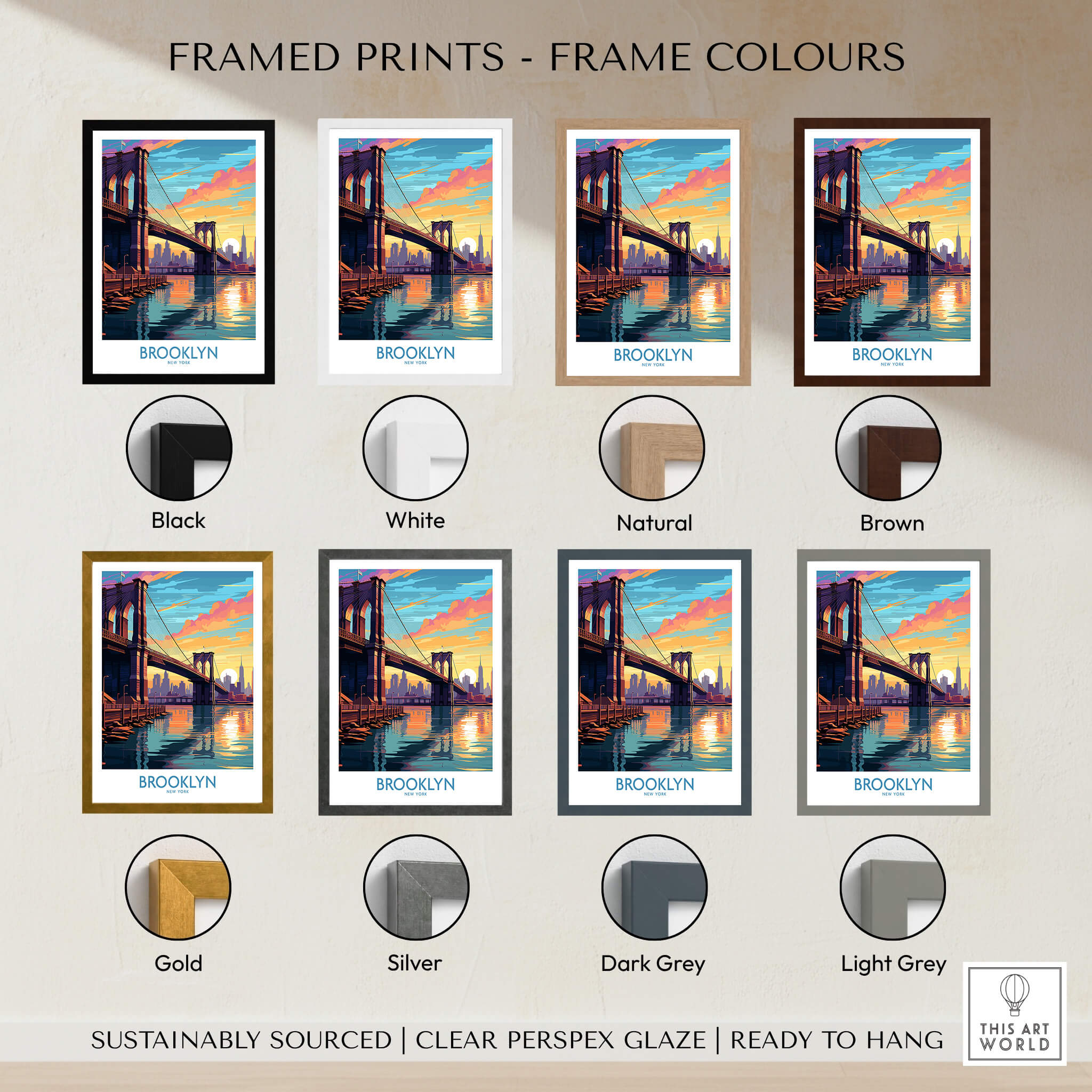 Brooklyn Wall Art Poster framed prints in various frame colors including black, white, natural, brown, gold, and silver.