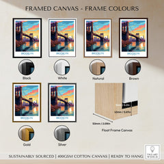 Framed canvas color options for Brooklyn Wall Art Poster including black, white, natural, brown, gold, and silver.