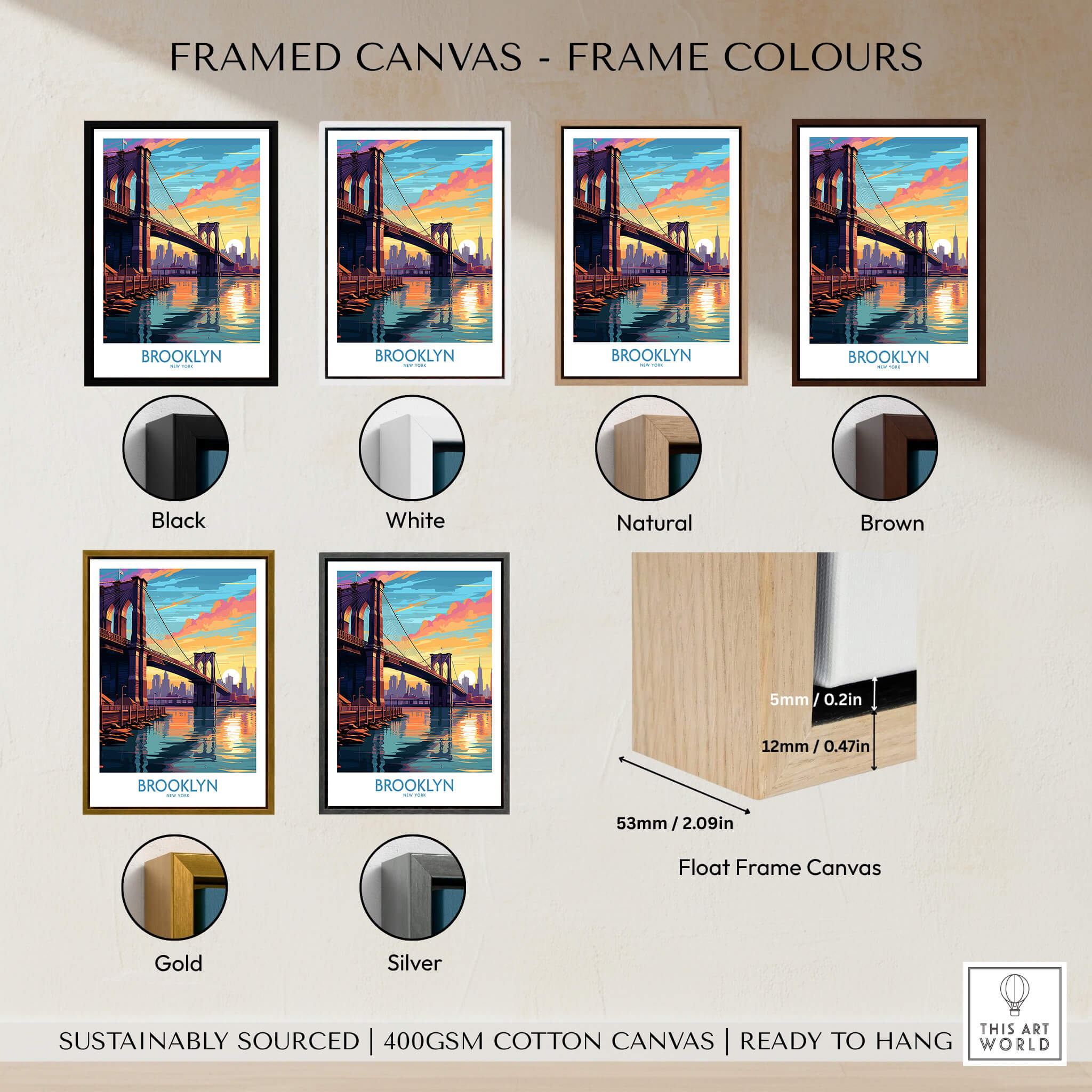 Framed canvas color options for Brooklyn Wall Art Poster including black, white, natural, brown, gold, and silver.
