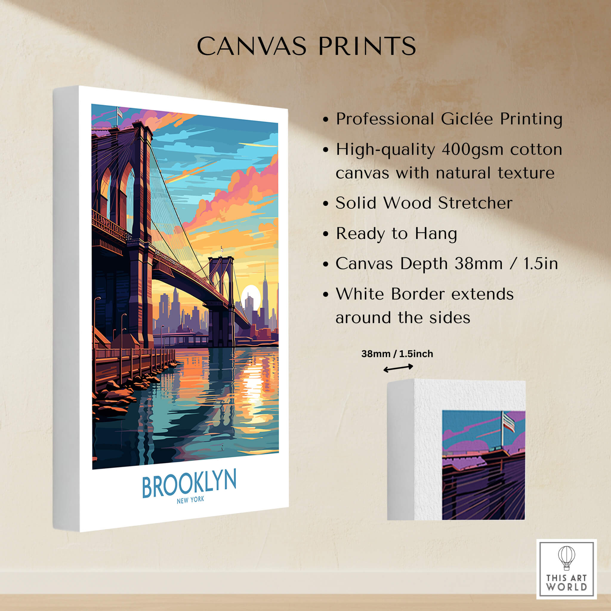 Brooklyn Wall Art Poster featuring the Brooklyn Bridge with vibrant colors and professional Giclée printing.