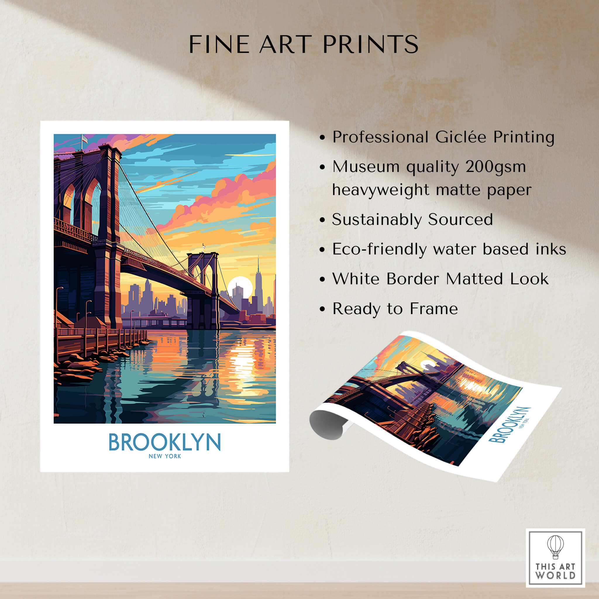 Brooklyn Wall Art Poster featuring the Brooklyn Bridge at sunset, capturing urban elegance and tranquility.