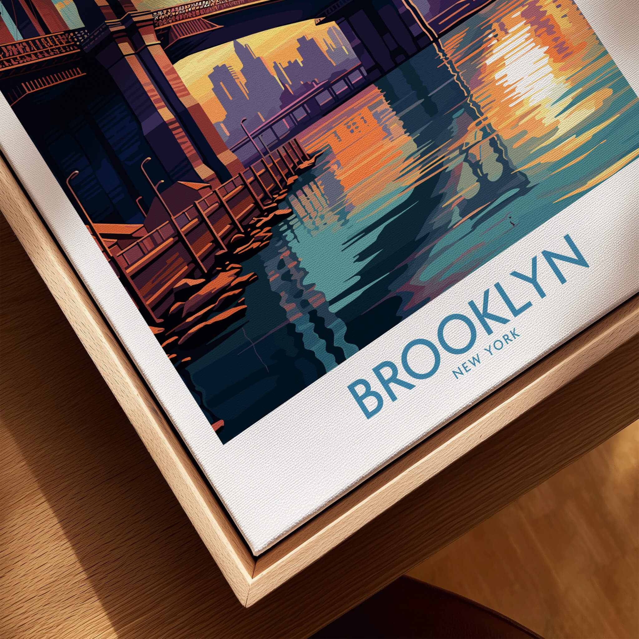 Brooklyn Wall Art Poster featuring the Brooklyn Bridge at sunset with urban elegance and tranquil colors.