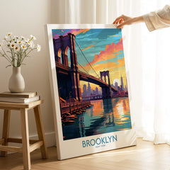 Brooklyn Wall Art Poster featuring the Brooklyn Bridge at sunset with vibrant colors and urban elegance.