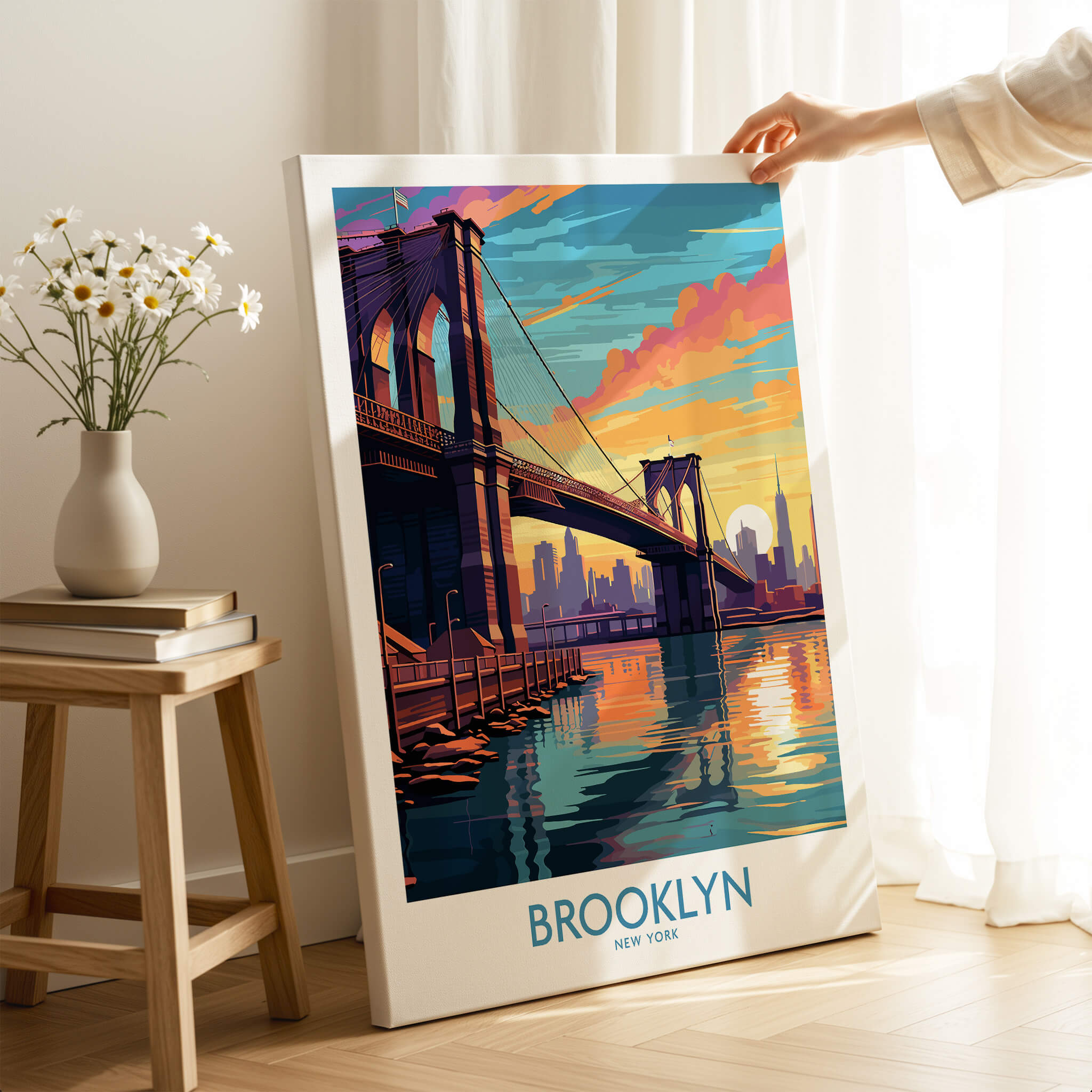 Brooklyn Wall Art Poster featuring the Brooklyn Bridge at sunset with vibrant colors and urban elegance.