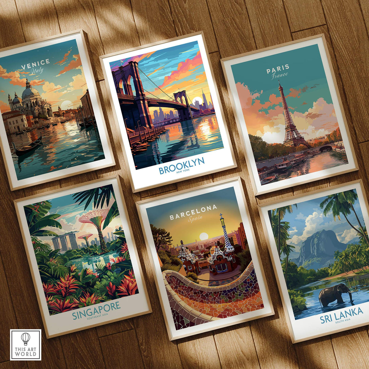Brooklyn Wall Art Poster featuring the Brooklyn Bridge at sunset among other famous city posters.