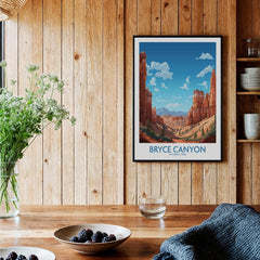 Bryce Canyon National Park art print in black frame, hanging in cozy wood kitchen setting.