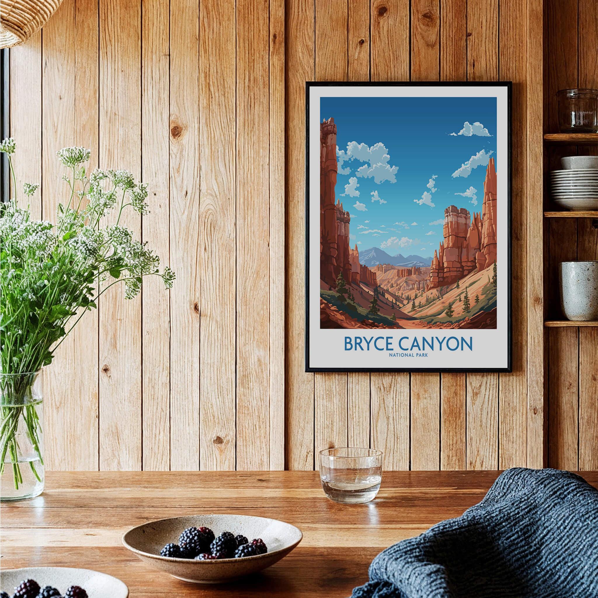 Bryce Canyon National Park art print in black frame, hanging in cozy wood kitchen setting.