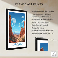 Framed Bryce Canyon art print with blue sky, rock formations, and product quality details.