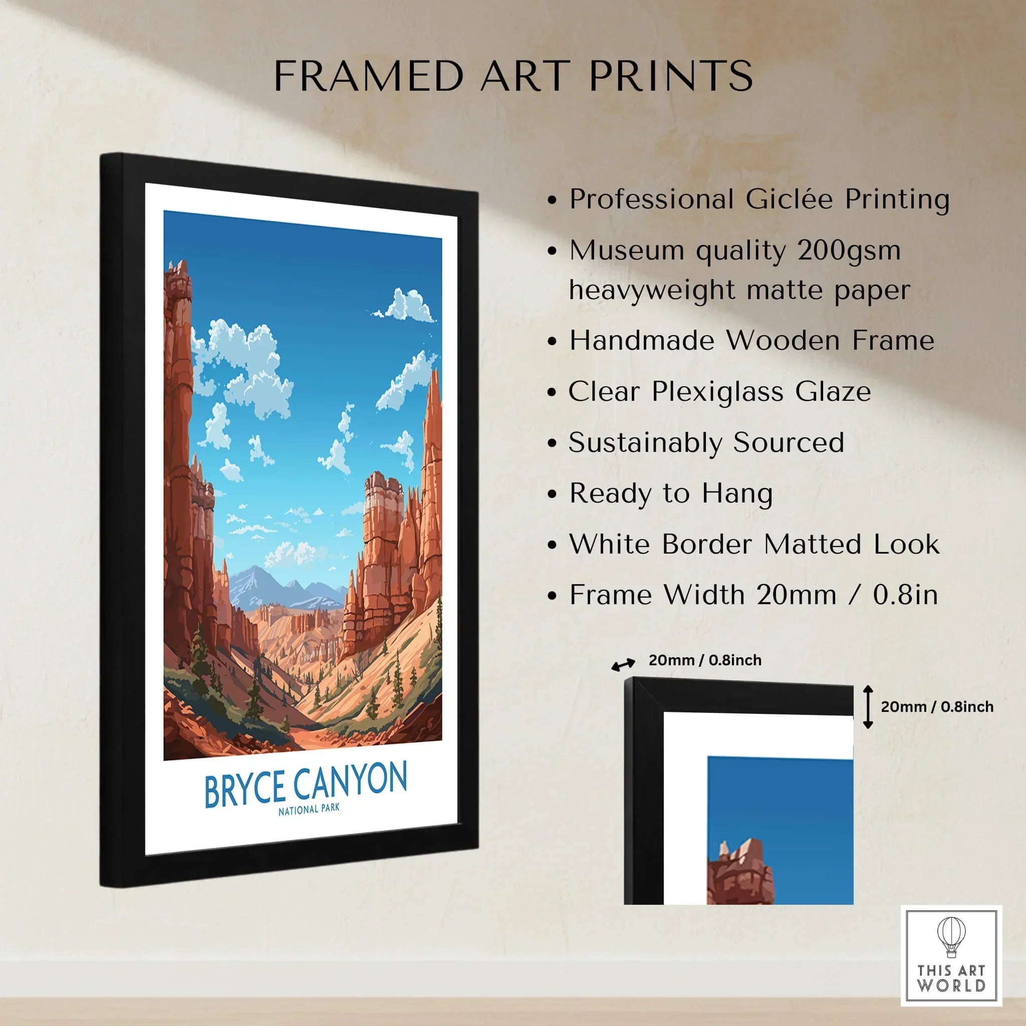 Framed Bryce Canyon art print with blue sky, rock formations, and product quality details.