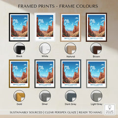 Bryce Canyon travel poster print in eight frame color options, wall art decor.