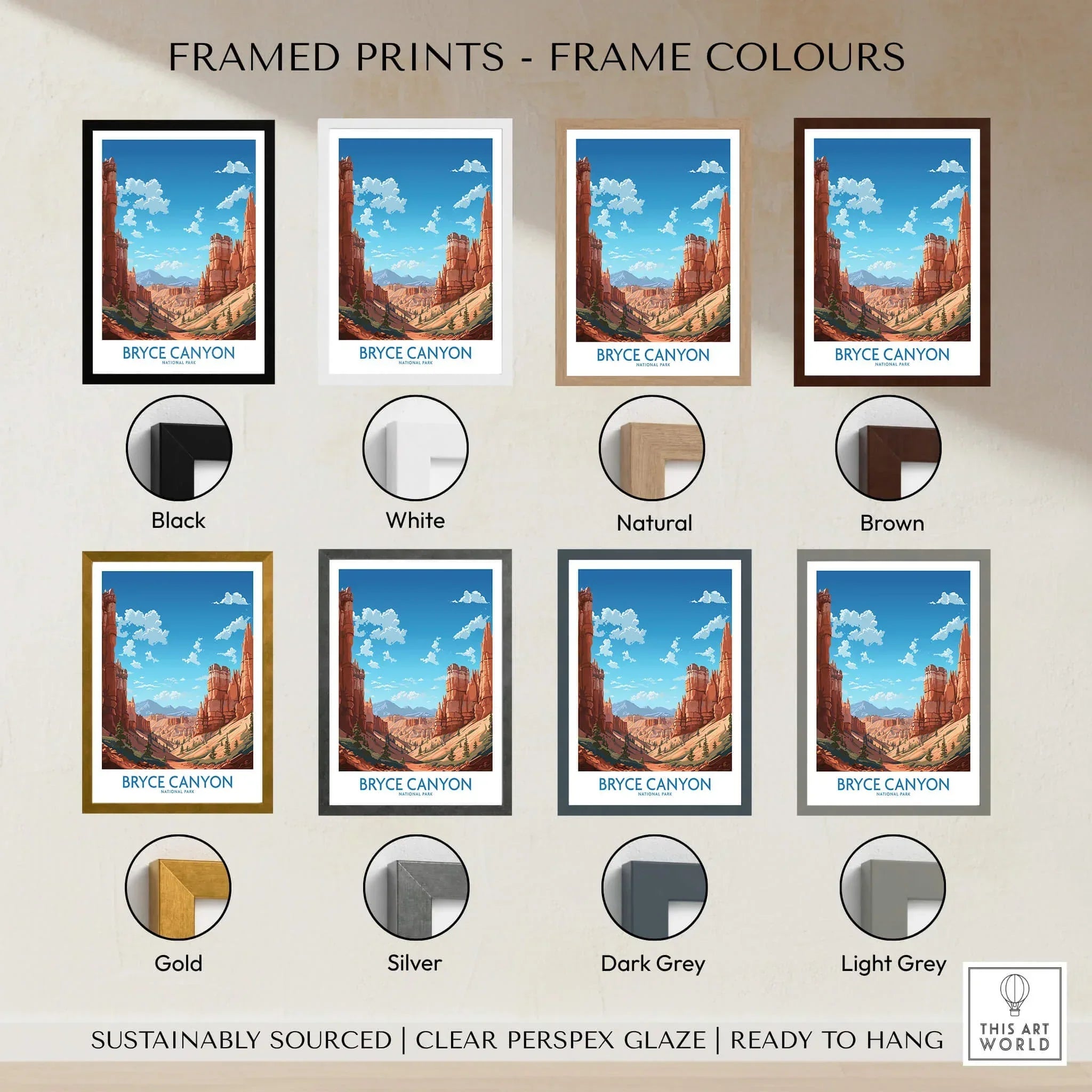 Bryce Canyon travel poster print in eight frame color options, wall art decor.