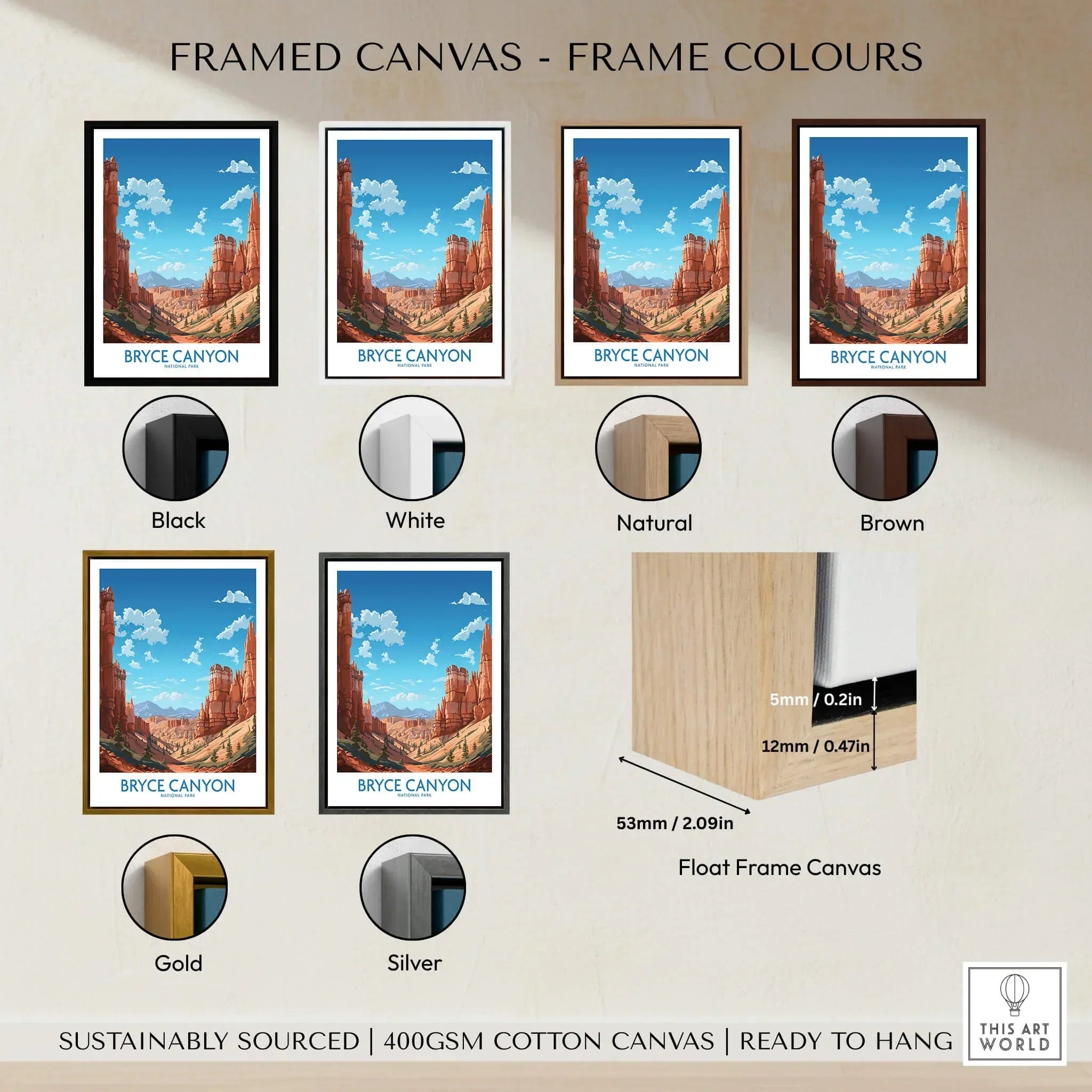 Bryce Canyon wall art framed canvas print with six frame color options and float frame detail.