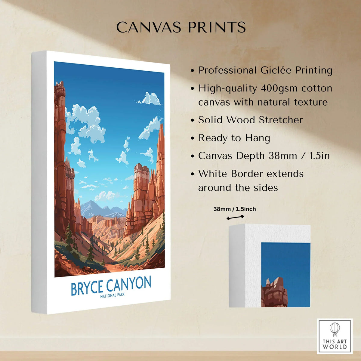 Bryce Canyon National Park canvas wall art with vivid landscape illustration, thick white border, and product details about cotton canvas print.