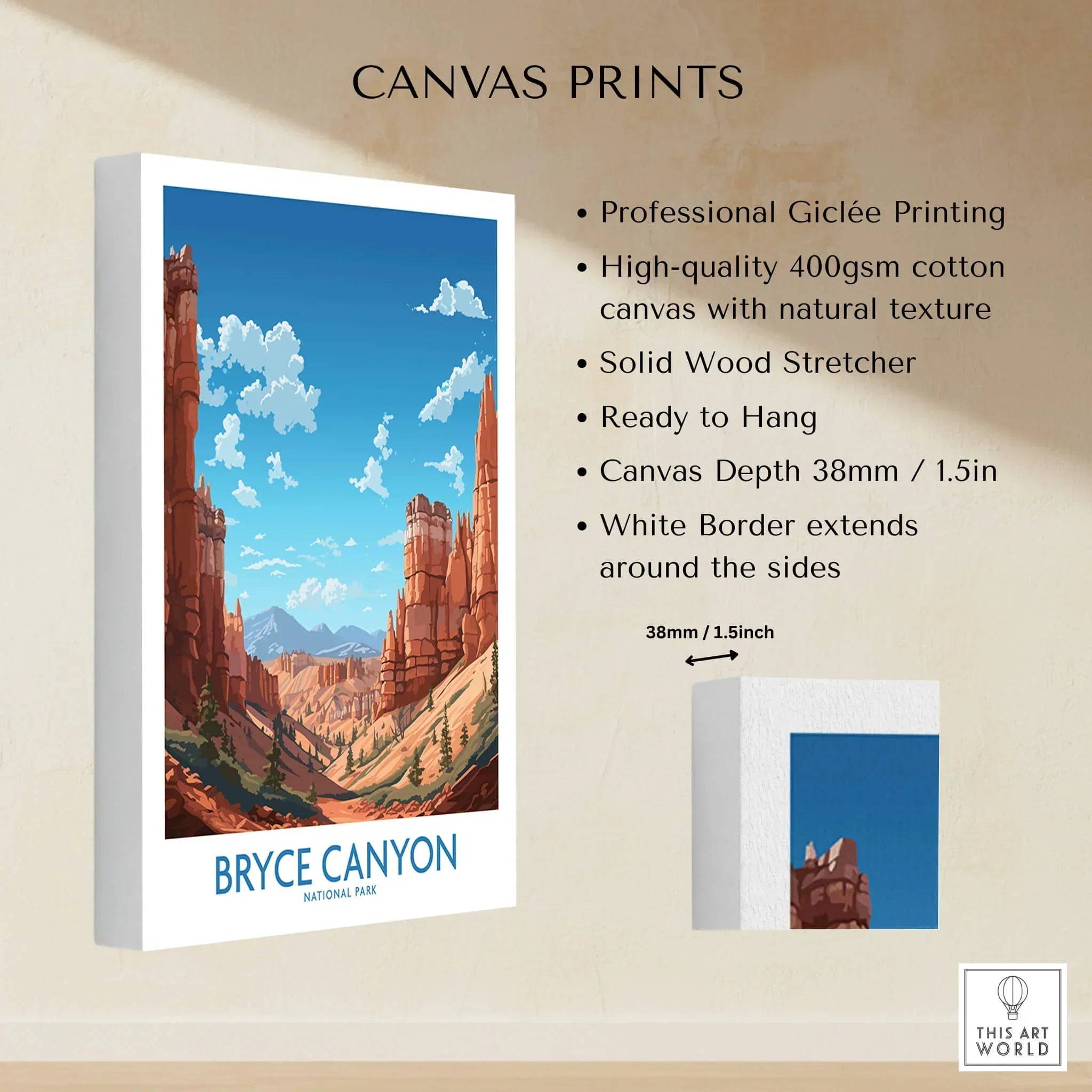 Bryce Canyon National Park canvas wall art with vivid landscape illustration, thick white border, and product details about cotton canvas print.