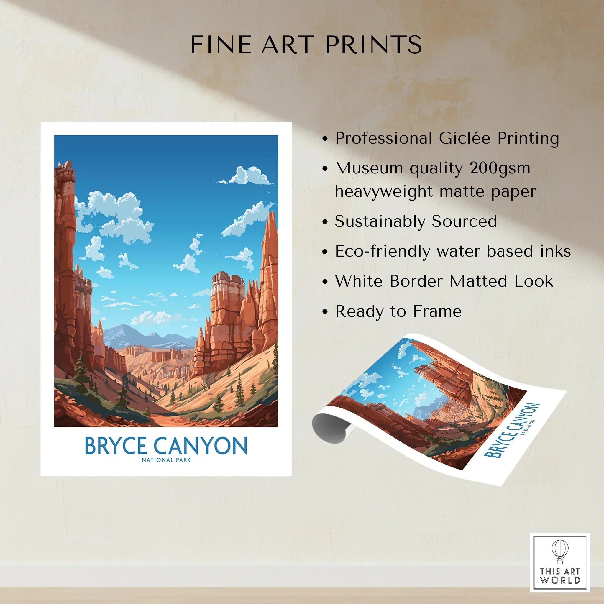 Bryce Canyon National Park fine art print, colorful landscape poster with blue sky and red rock formations.