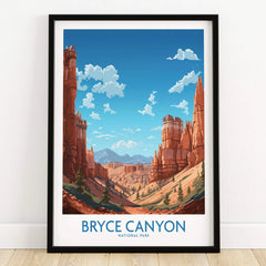 Bryce Canyon National Park art print in black frame on wooden floor, showcasing red rock spires.