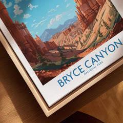 Bryce Canyon National Park art print in a natural wood floating frame, close-up view