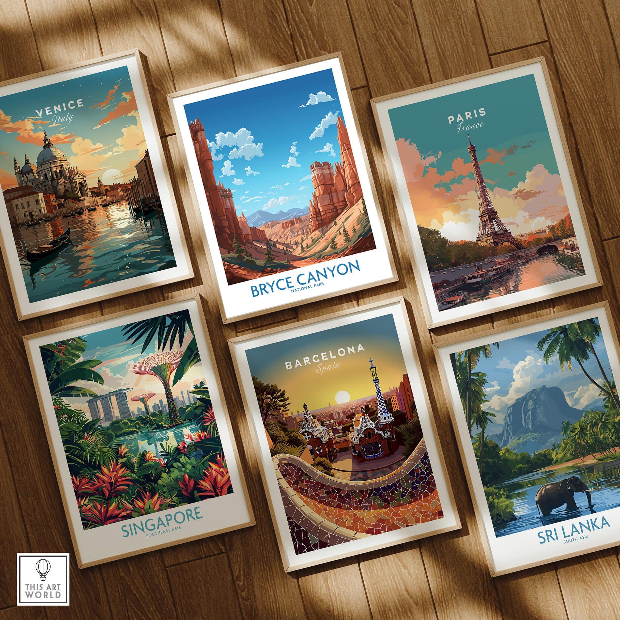 Set of six framed travel posters featuring Venice, Bryce Canyon, Paris, Singapore, Barcelona, and Sri Lanka, arranged on a wooden floor.