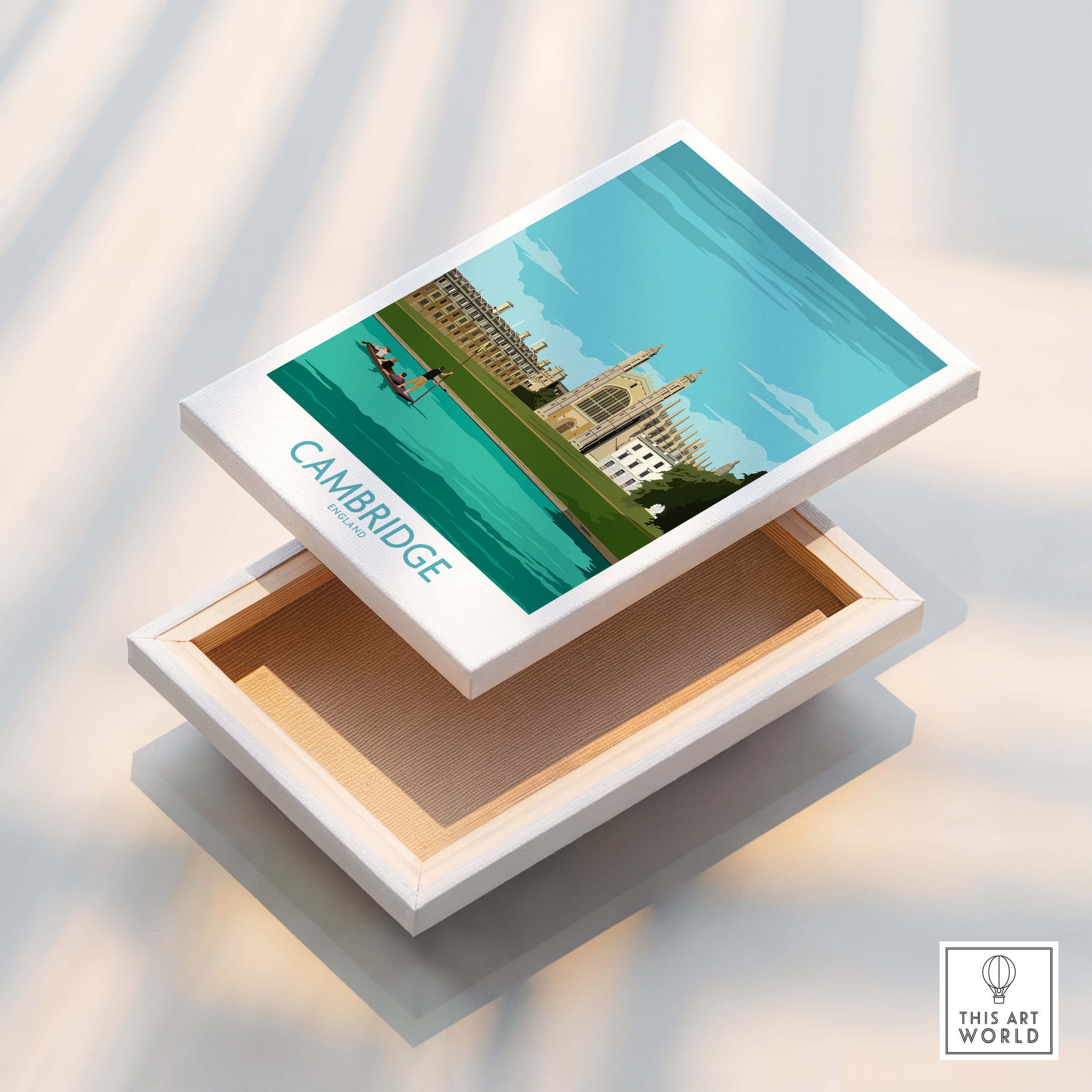 Cambridge Print featuring iconic King's College travel poster on decorative box.