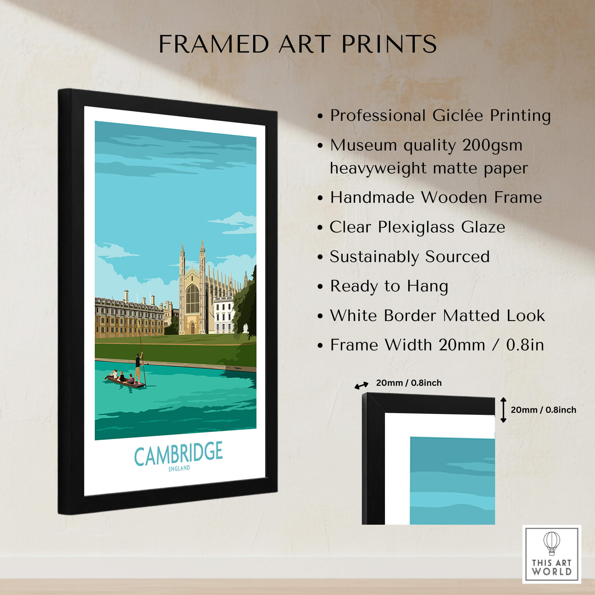 Framed Cambridge Print featuring King's College with professional Giclée printing and a handmade wooden frame.
