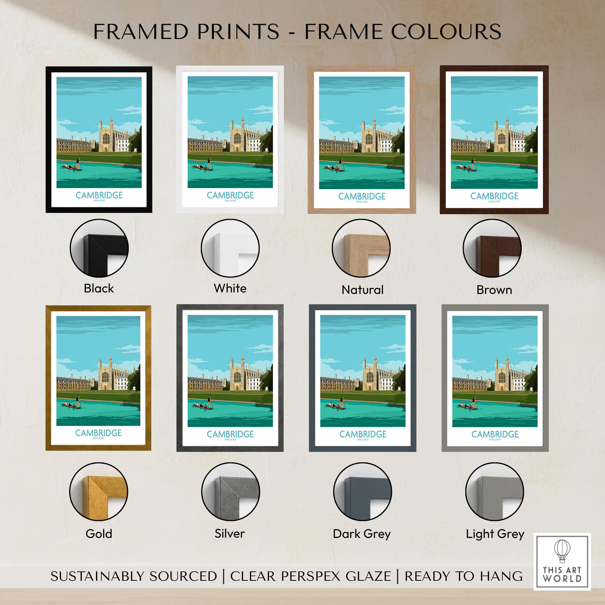 Cambridge Print framed print color options including black, white, natural, brown, gold, silver, dark grey, and light grey.