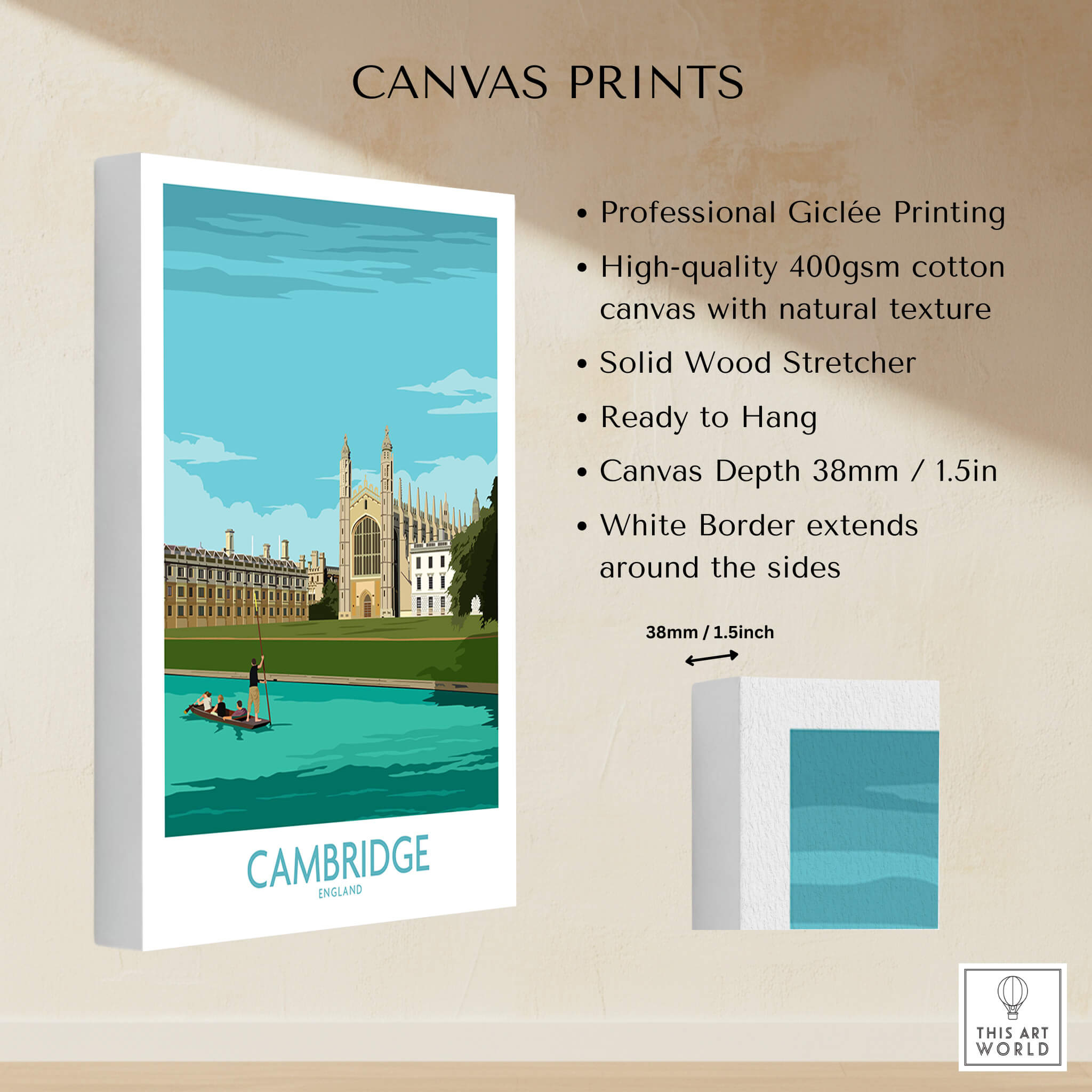 Cambridge Print featuring iconic King's College in Giclée quality canvas print with white border and solid wood stretcher.