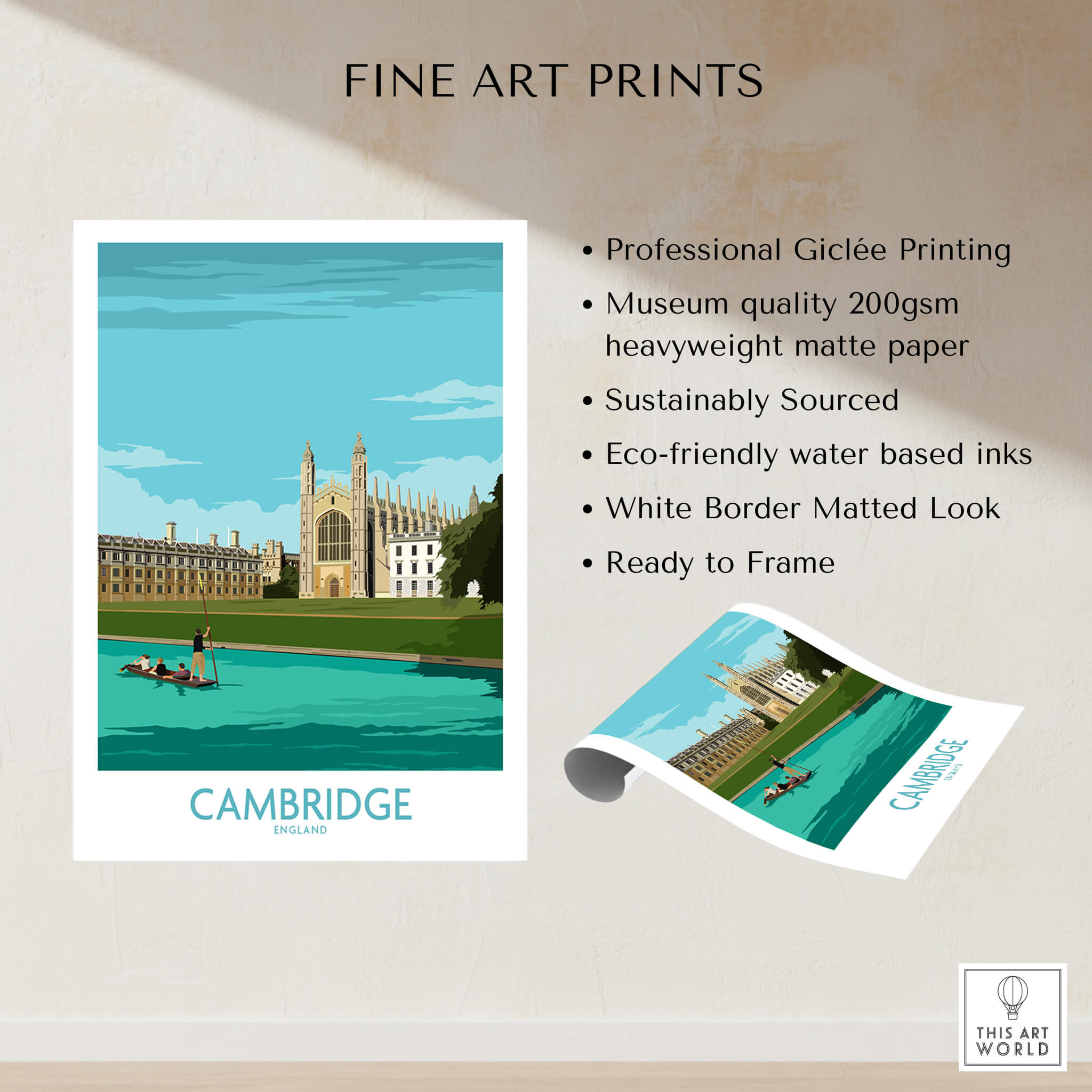 Cambridge Print showcasing the iconic King's College in a stunning travel poster art design.