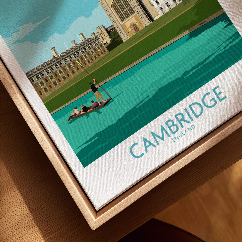 Cambridge Print featuring iconic Cambridge scene with punting on the river and historic architecture.