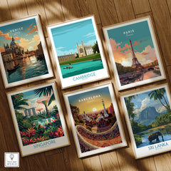 Cambridge Print featuring iconic King's College among travel posters of Venice, Paris, Singapore, Barcelona, and Sri Lanka.