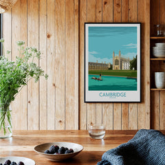 Cambridge Print featuring iconic King's College in a stunning travel poster, elegantly displayed in a modern home.