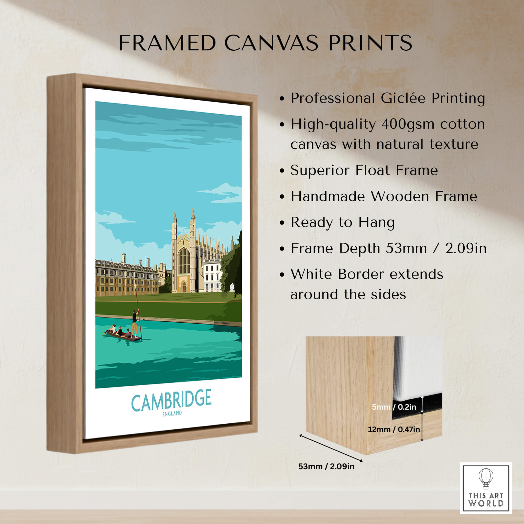 Cambridge Print framed canvas featuring King's College, ready to hang, crafted with natural texture and handmade wooden frame.